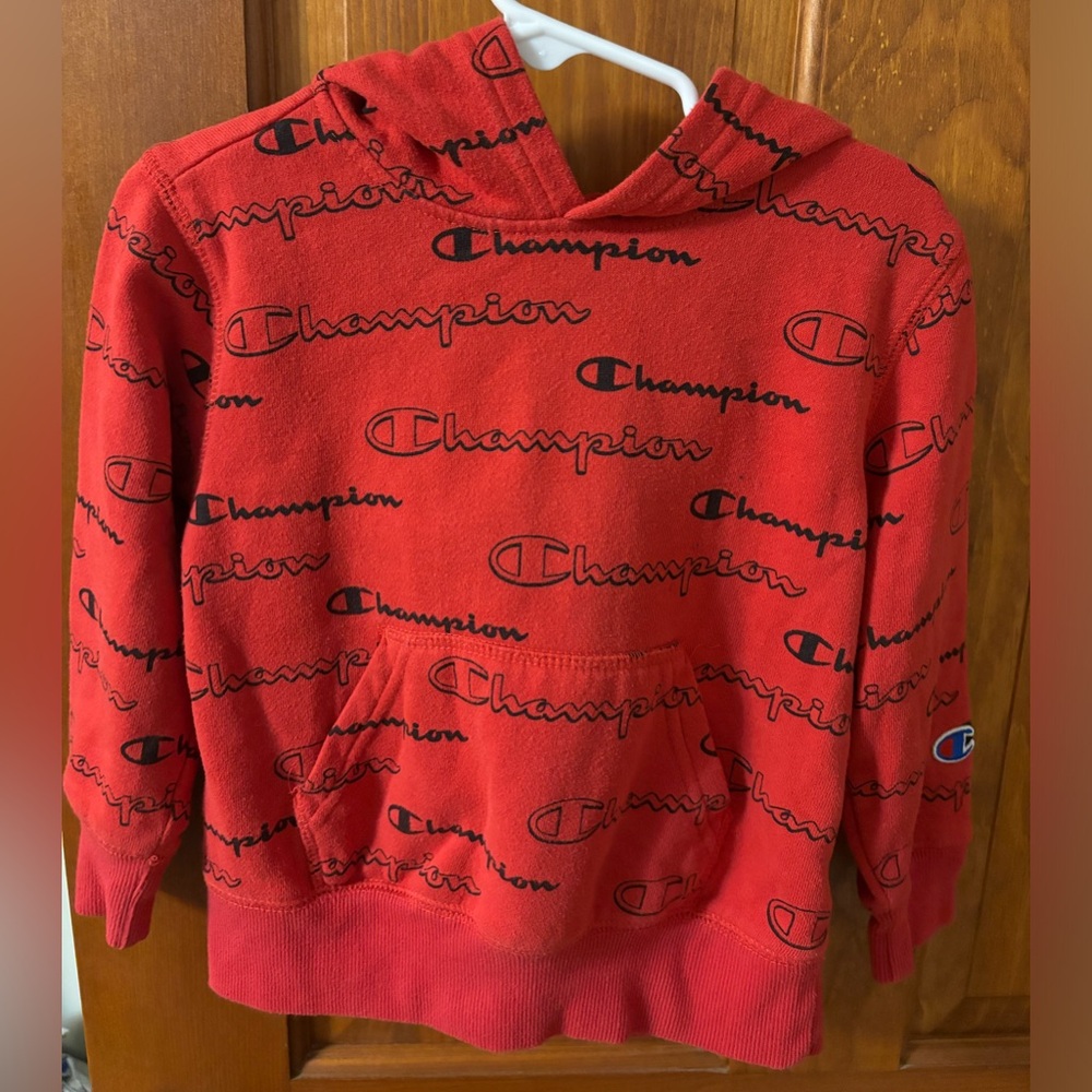 Champion Red Sweatshirt Hoodie All Over Logo Size 4t